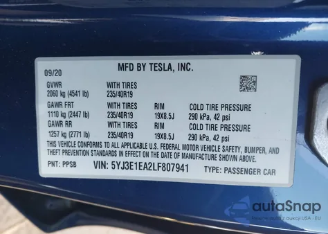2020 Tesla Model 3 Standard Range Plus Rear-Wheel Drive/Standard Range Rear-Wheel Drive from USA, damaged, VIN 5YJ3E1EA2LF807941